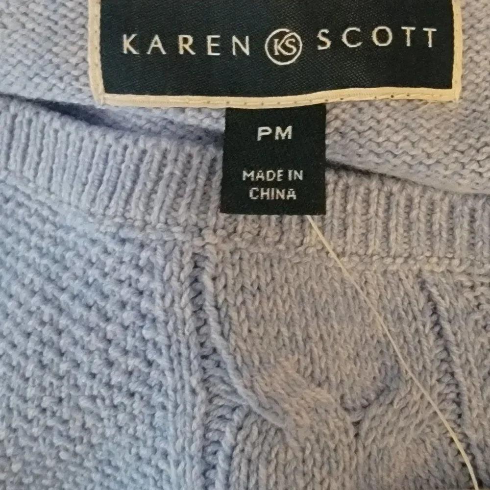 Karen Scott Womens Blue Cable Knit Long Sleeve Round Neck Pullover Sweater Sz PM